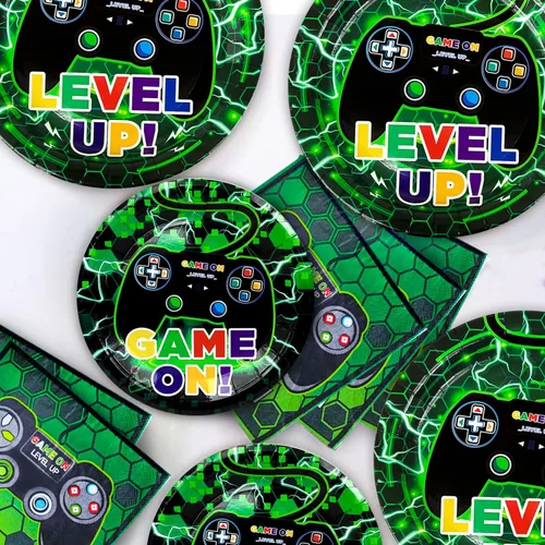 Vista 5 de Vajilla de fiesta de cumpleaños para 16 invitados, platos de videojuegos y servilletas, suministros para fiestas, incluye platos de fiesta