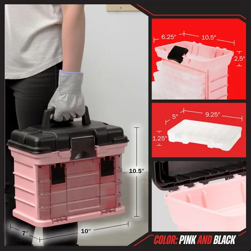 Vista 6 de Caja de herramientas Stalwart línea que cuenta con estantes, para piezas y artesanías, con 4 organizadores Rosa