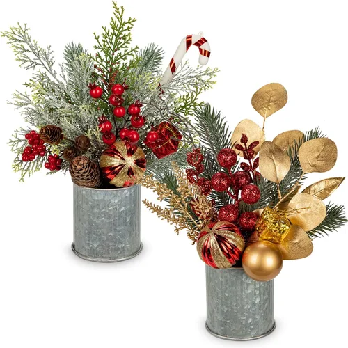Vista 7 de Hollyone Pequeño árbol de Navidad artificial mini de mesa de 11 pulgadas, decoración de plantas en maceta con adornos de bolas de Navidad, bayas