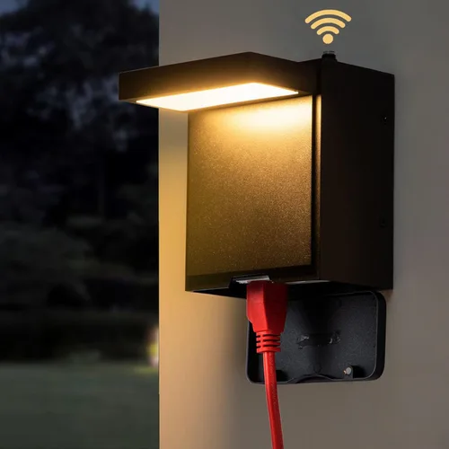 Vista 10 de Nigaut Luz de porche del atardecer al amanecer con salida GFCI, moderna lámpara LED de pared para exteriores con toma incorporada, aplique