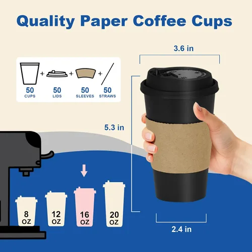 Vista 3 de Paquete de 50 Tazas de Café de 16 oz con Tapas y Fundas, Pajitas, Vasos de Papel Desechables Calientes Para Llevar de Viaje a Granel para Oficina
