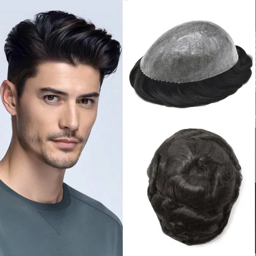 Vista 59 de Mens Toupee Hair System para hombres Piezas de pelo Sistema de reemplazo Poly Skin Toupee para hombres Protesis Capilar Para Hombre 6X8#1 Jet Black