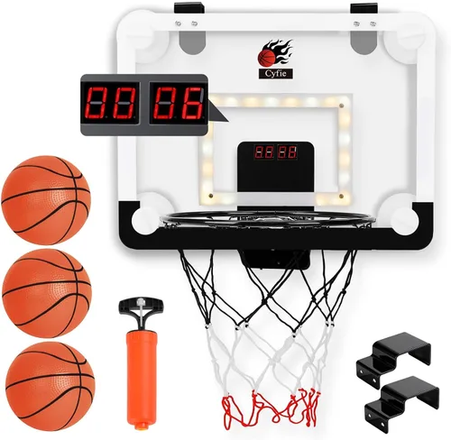 Vista 9 de CYFIE Mini aro de baloncesto para interiores para niños con luz LED, ventosa/aro de baloncesto sobre la puerta con marcador y 3 bolas, juguetes