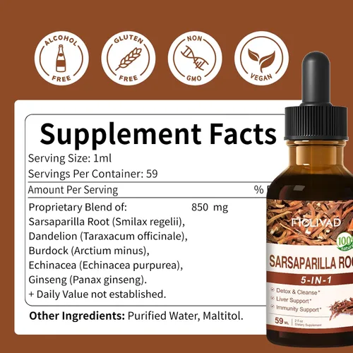 Vista 8 de Gotas de raíz de zarzaparrilla para desintoxicación y limpieza, apoyo hepático y apoyo inmunológico. Mezcla natural con extracto de equinácea
