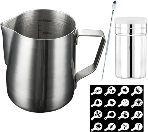 Vista 8 de Coffee Art Tool Kit de herramientas de 12 onzas (11.8 fl oz) de acero inoxidable para café expreso, jarra de espuma de leche con marcas de medición