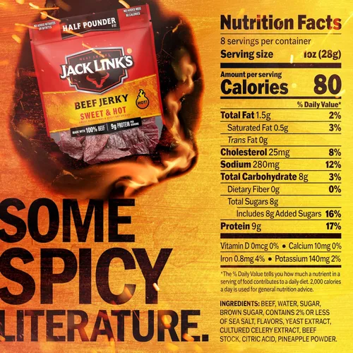 Vista 2 de Jack Link's carne de res Jerky, dulce & caliente, ½ libra, bocadillo de carne sabrosa, 0.32 onzas de proteína y 80 calorías, fabricado con carne