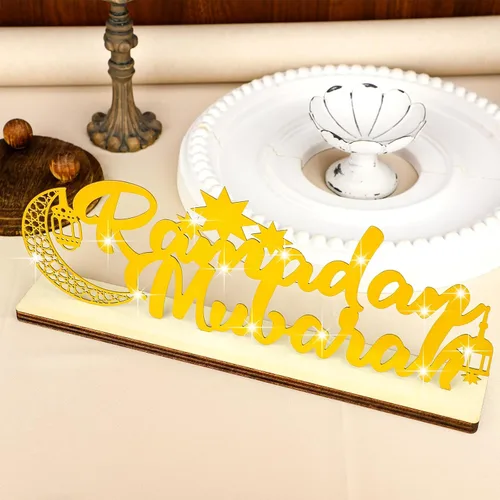 Vista 5 de Landhoow Letrero de Eid Mubarak para decoración de mesa de Ramadán de 12.99 x 4.72 pulgadas, letrero de Ramadán Kareem, decoración de letras