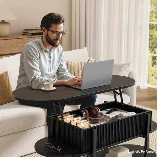 Vista 5 de FABATO - Mesa de centro oval de 41.7" con parte superior elevable, mesa central de madera estriada con almacenamiento oculto, mesas pequeñas de 3