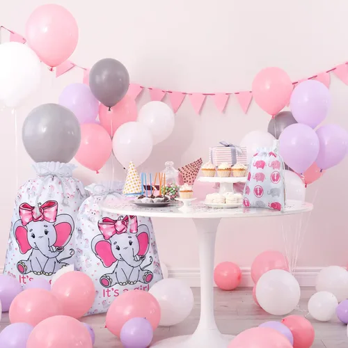 Vista 3 de Sadnyy 4 bolsas de regalo para baby shower, grandes elefantes rosas con cordón de tela, para baby shower, cumpleaños infantil, fiesta de revelación
