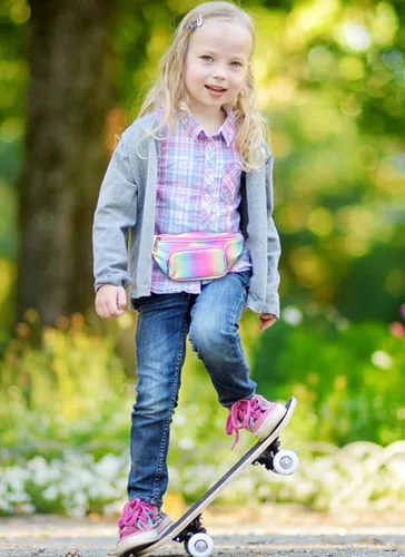 Vista 7 de Riñonera de moda brillante para niñas, con dos bolsillos, manos libres, ligera, con cinturón, para vacaciones, festivales, fiestas, viajes