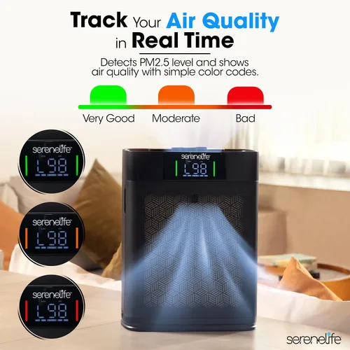 Vista 4 de SereneLife Purificador de aire HEPA para el hogar, WiFi inteligente y control de aplicaciones, purificador de aire ultra silencioso para dormitorios
