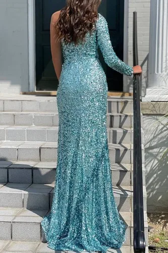 Vista 2 de Clothfun Vestidos de fiesta de lentejuelas de un hombro para mujer, vestidos de noche formales de sirena de manga larga con abertura