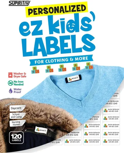 Vista 3 de 120 etiquetas de nombre impermeables personalizadas, icono de bola, autoadhesivas, para ropa, escuela, campamento, enfermería, juguetes, multiusos