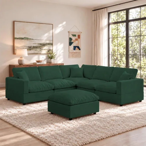 Vista 47 de Sofá seccional moderno de lino en forma de L para sala de estar, sofás modulares con relleno de plumón, fundas de cojín de sofá desmontables, sofá
