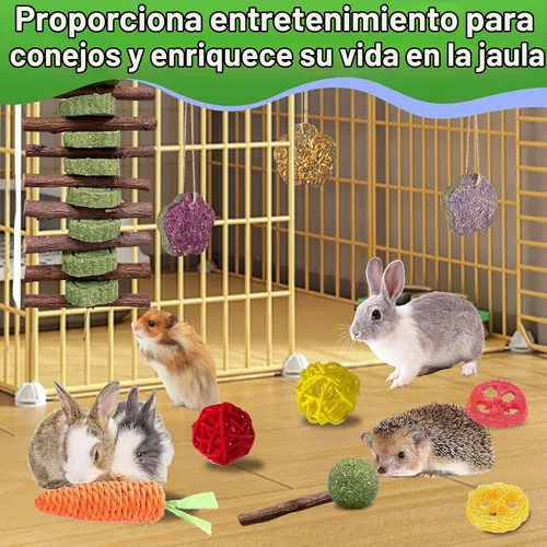 Vista 4 de WDEFUN 21 juguetes masticables de conejo para rechinar dientes, pasteles de heno Timothy naturales para conejito, palitos de madera de manzana