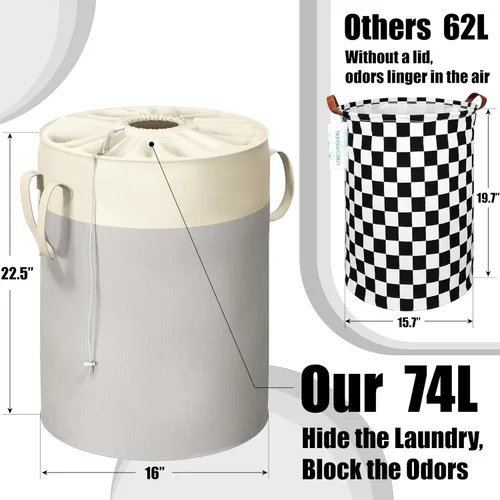 Vista 3 de Simple Houseware Cesta de lavandería plegable de 74L, cesta redonda de algodón con cierre de cordón y asas, paquete de 2, color gris