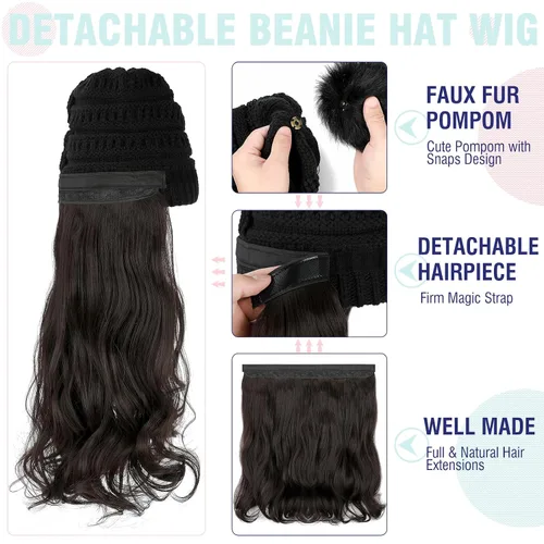 Vista 4 de Gorro Peluca Gorro de Punto con Cabello Extensiones Largas Onduladas Gorro de Punto con Pompón Incorporado Cabello Postizo Sintético Extraíble