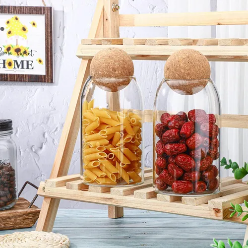 Vista 3 de 2 tarros de vidrio de corcho con tapa de corcho, contenedor de almacenamiento con botellas redondas de bola, recipientes con tapa de madera