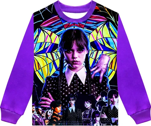 Vista 2 de BYAHELO Camisa de disfraz de película de dibujos animados para niñas, camiseta negra, pantalón de dibujos animados, 2 piezas, manga larga, regalo