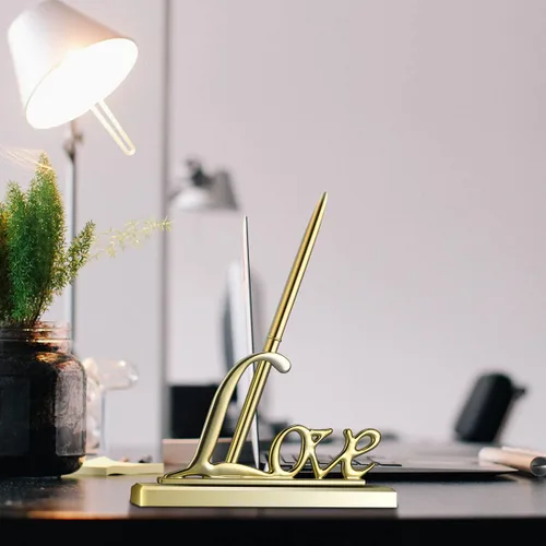 Vista 8 de Nuobesty Juego de bolígrafos de boda con soporte de amor chapado en oro, bolígrafo metálico decorativo para firma de libros de invitados y accesorio