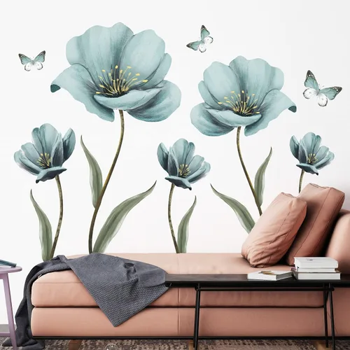 Vista 4 de Calcomanías de pared de flores azules de ensueño creativas pintadas con mariposas para pared, pintura romántica, decoración artística, vinilo