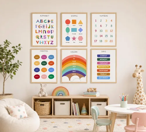 Vista 2 de DULASI - Paquete de 6 carteles educativos para niños, juego de arte de pared de lienzo sin marco, formas del alfabeto, números, colores, meses