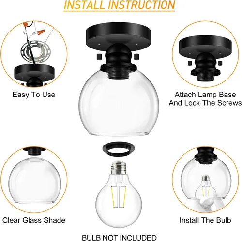 Vista 5 de Glass Semi Flush Mount Ceiling Light, Industrial Porch Light Fixtures, Matte Black Base with 6“ Clear Glass Shade, Bright Close to Ceiling Light for