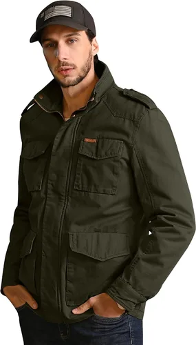 Vista 4 de WenVen Chaqueta ligera de estilo militar para hombre, rompevientos de algodón de sarga
