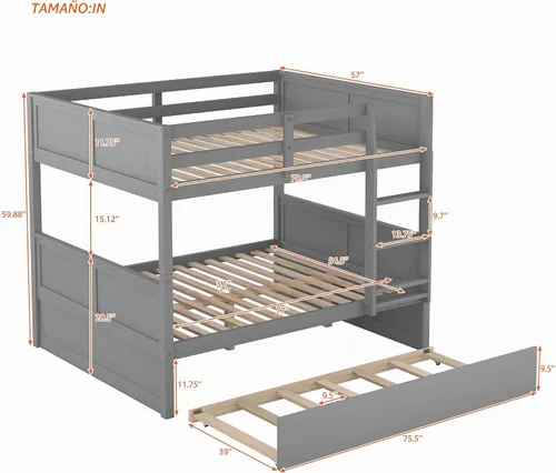 Vista 2 de SOFTSEA Litera de tamaño matrimonial sobre matrimonial con nido convertible a 2 camas con barandilla de longitud completa y escalera, no necesita
