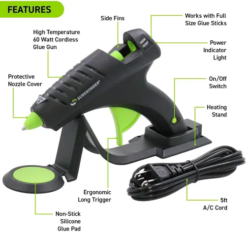 Vista 4 de Pistola de pegamento caliente sin cable Surebonder, alta temperatura, tamaño completo, 60W, 50% más potencia y barras de pegamento caliente Adtech