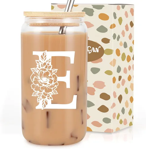 Vista 10 de Taza de Vidrio Inicial Coolife, Regalos Personalizados para Mujeres, Tazas de Vidrio de 16 oz con Tapas y Popotes, Taza para Café Helado, Licuado