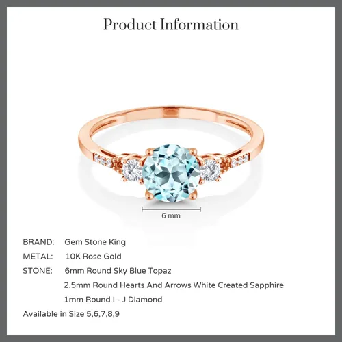 Vista 6 de Gem Stone King Anillo de compromiso de oro rosa de 10 quilates con topacio azul cielo y zafiro blanco creado para mujer
