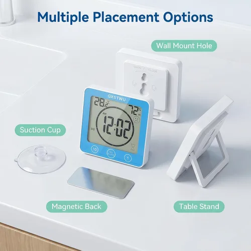 Vista 6 de Reloj de ducha digital, reloj temporizador de baño, resistente al agua para rociar agua, alarma de cuenta regresiva, temporizador de pantalla