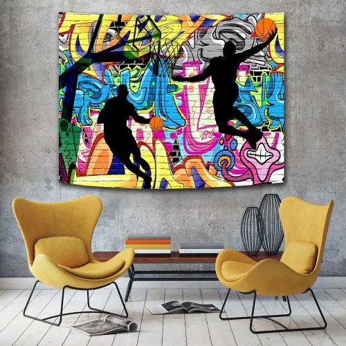 Vista 7 de Ine Ive Tapiz deportivo de baloncesto con graffiti nostálgico, póster de pared de arte callejero de 40 x 30 pulgadas para niños, silueta de tiro