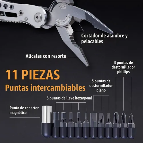Vista 4 de Multiherramienta 24 en 1 con cuchillo, alicates y 11 puntas de acero inoxidable afilado, multiherramienta para hombres, equipo ideal