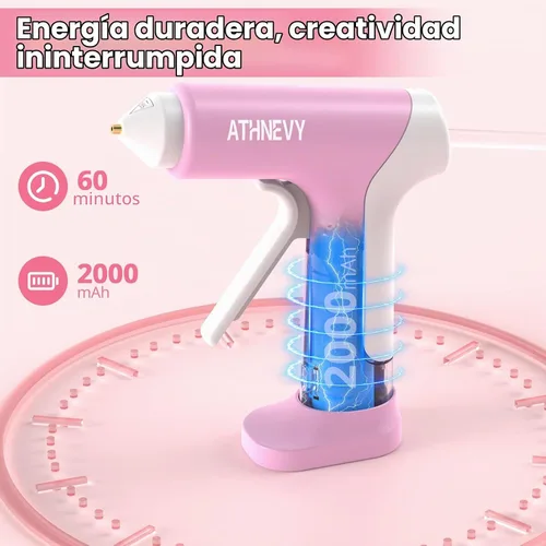Vista 3 de Pistola de pegamento caliente inalámbrica de 4V 20W, precalentamiento rápido de 10s, 30 mini barras de pegamento de 7x100mm, recargable tipo C Rosa