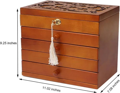 Vista 2 de Wolfroady Joyero de madera para mujer, caja organizadora de madera Solild para joyas, relojes, collar, anillo, caja de almacenamiento, cereza