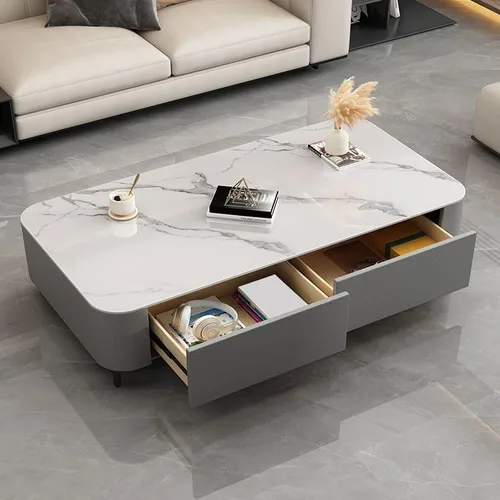 Vista 3 de LAKIQ Mesa auxiliar moderna con cajones de almacenamiento, mesa central rectangular para sala de estar