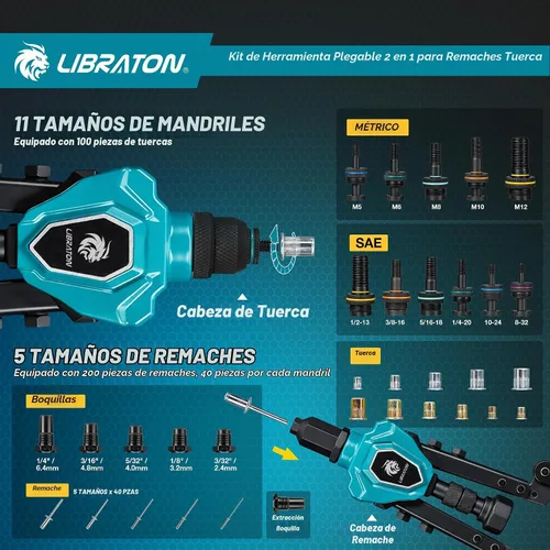 Vista 3 de LIBRATON Herramienta de tuerca de remache 2 en 1 y kit de pistola de remache plegable, con 11 mandriles (métrico y SAE) y 5 piezas de nariz