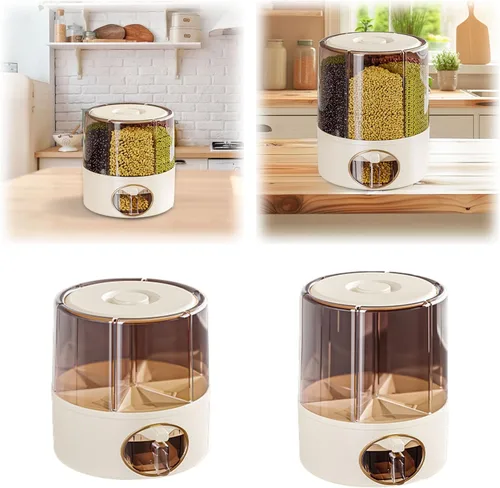 Vista 5 de Dispensador de granos, dispensador de alimentos secos giratorio de 360 grados con 6 compartimentos, salida de un solo clic, dispensador de granos