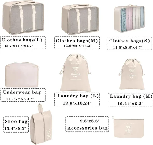 Vista 5 de Paquete de 8 cubos de embalaje para maletas, bolsa de almacenamiento de ropa y zapatos (beige)
