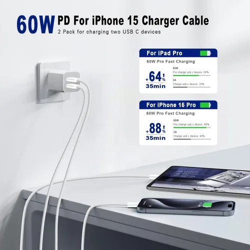 Vista 2 de Cable USB C a USB C de 3 pies Certificado Paquete de 2 unidades 60 W usbc Tejido Carga Rápida Tipo C Cargador Compatible con iPhone 17/16 Pro Max