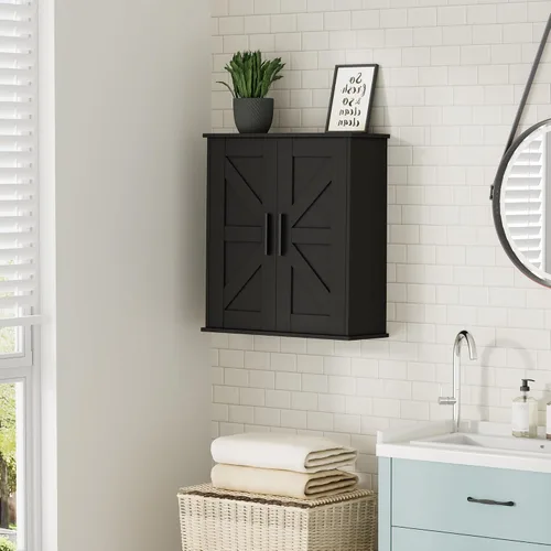 Vista 8 de Homleke Armario de pared para baño, armario de almacenamiento sobre inodoro con puertas de granero y estantes ajustables, botiquín de 3 niveles