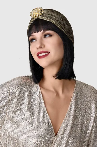 Vista 2 de BABEYOND Turbante para mujer con cristal vintage para la cabeza, turbante plisado (oro oscuro)