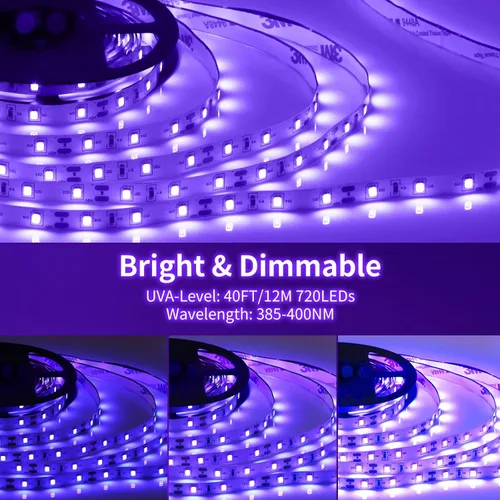 Vista 4 de Kit de tira de luz negra regulable de 40 pies/39.4 ft, 720 LED, accesorios de luz negra flexible de 12 V, 385 nm-400 nm, tiras LED de luz negra