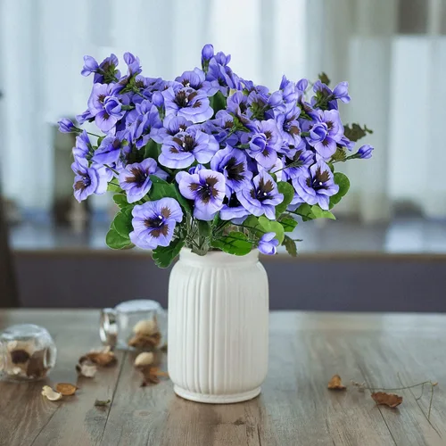 Vista 5 de Flores falsas pansy, flores silvestres pequeñas, margaritas de plástico sintético moradas para el hogar, boda, cocina, jardín, centros de mesa