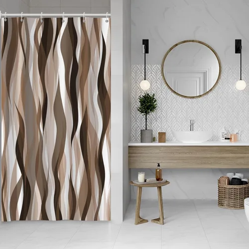 Vista 15 de Cortina de ducha moderna de rayas abstractas negras, blancas y grises, cortina de ducha para decoración de baño geométrica, impermeable, decorativa
