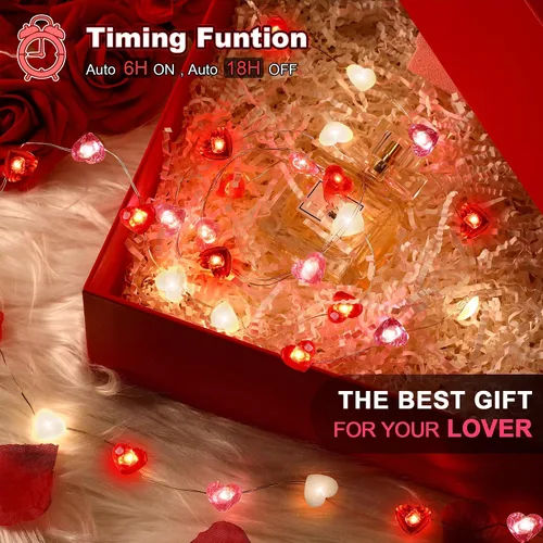 Vista 2 de Hiboom 2 tiras de luces de corazón para el día de San Valentín con temporizador de 10 pies, 30 luces LED en forma de corazón, 8 modos de Rojo