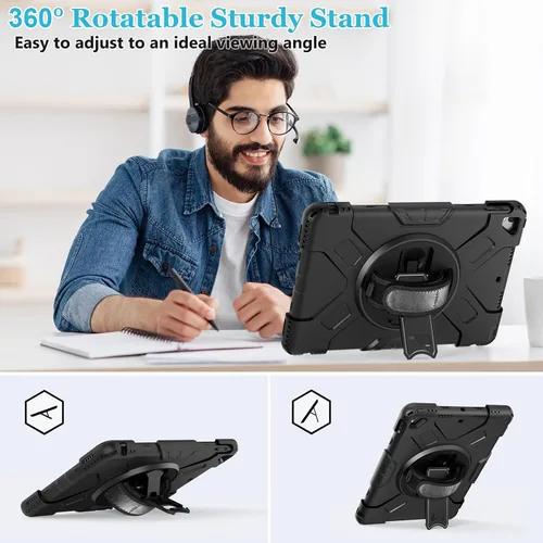 Vista 3 de Funda para iPad de 9ª/8ª/7ª generación de 10,2", color negro Shockproof Protective Silicone Cover with Rotatable Stand-Screen Protector-Handle