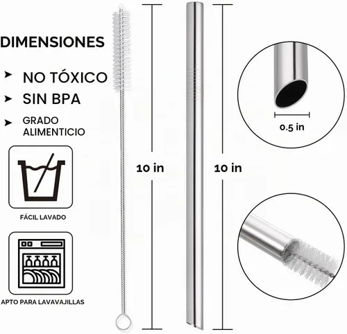 Vista 2 de [Puntas en ángulo] 5 popotes de té de burbujas reutilizables de 10 pulgadas y popotes para batidos, popote de acero inoxidable de 0.5 pulgadas